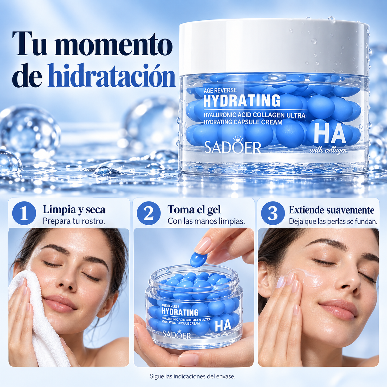 Cómo aplicar la crema en tres pasos: limpiar y secar, tomar el gel, extender suavemente