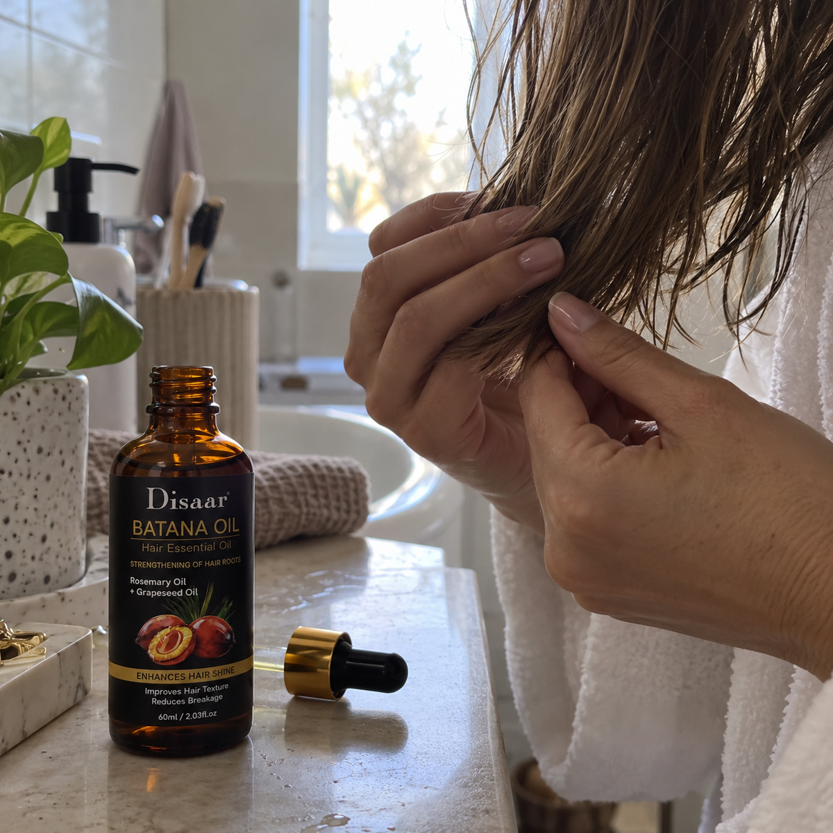 Disaar Batana Oil: cuidado del cabello seco y opaco, escena publicitaria