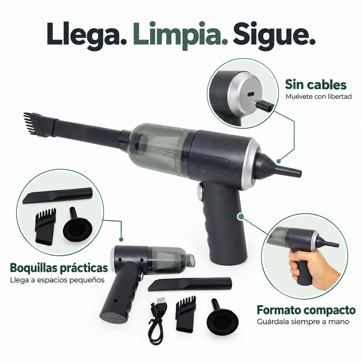 Mini aspiradora inalámbrica · mecanismo unico