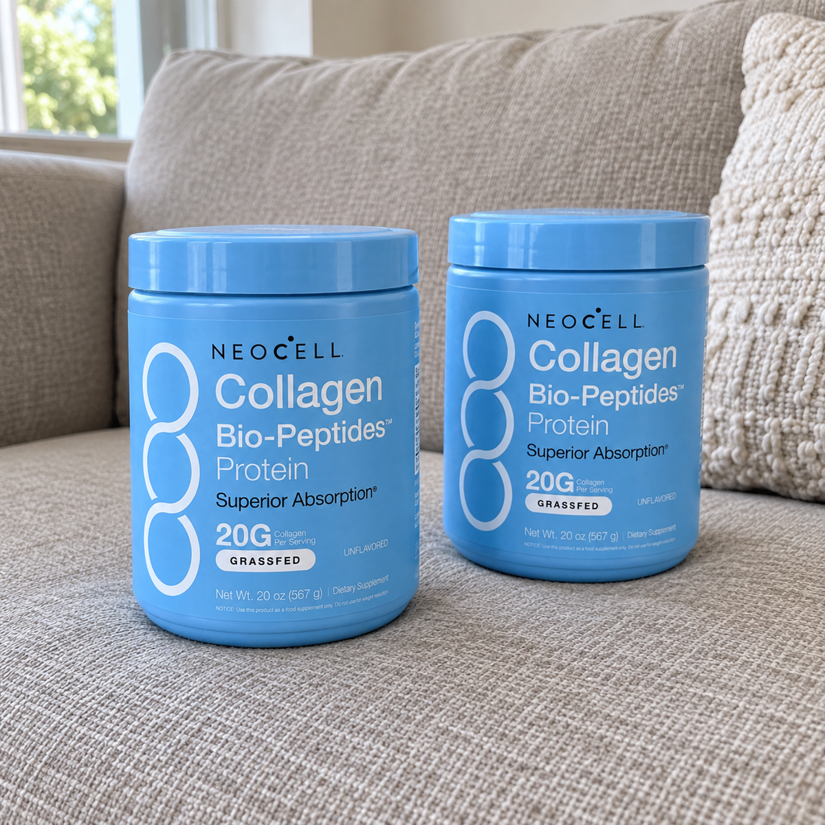 NeoCell Collagen Bio-Peptides — presentación en un espacio cotidiano