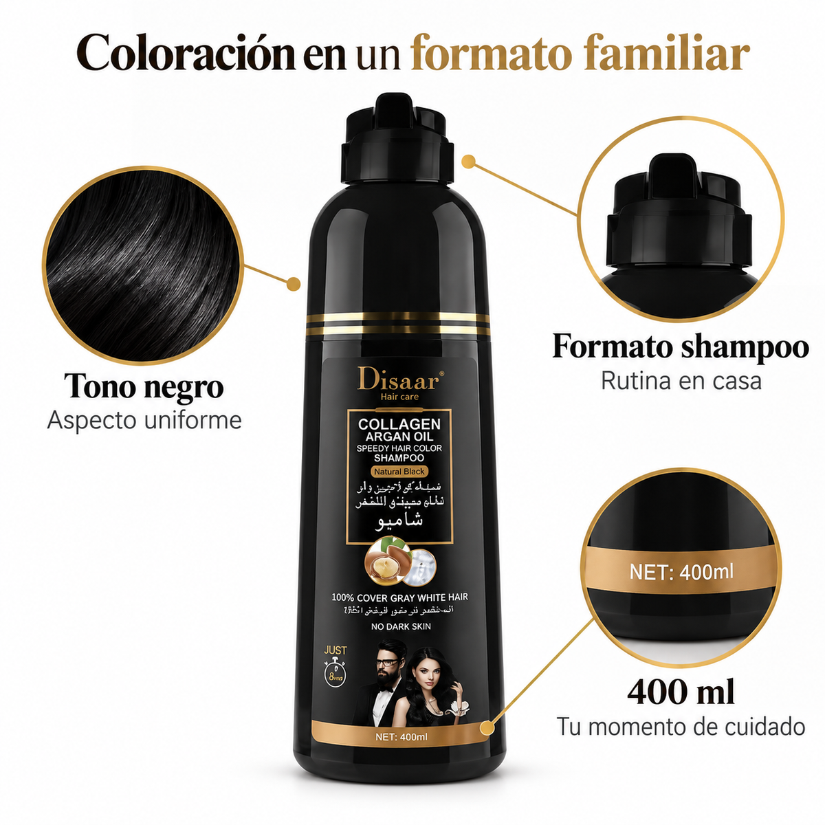 Shampoo cubrecanas Disaar, presentación negra · mecanismo unico