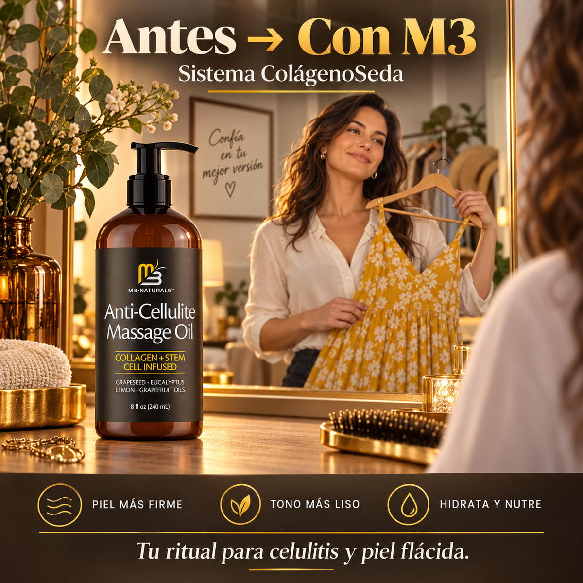 Aceite M3 para celulitis y piel flácida · solucion