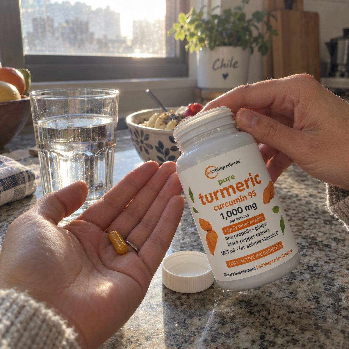 Pure Turmeric — escena publicitaria ugc-01; no foto de comprador